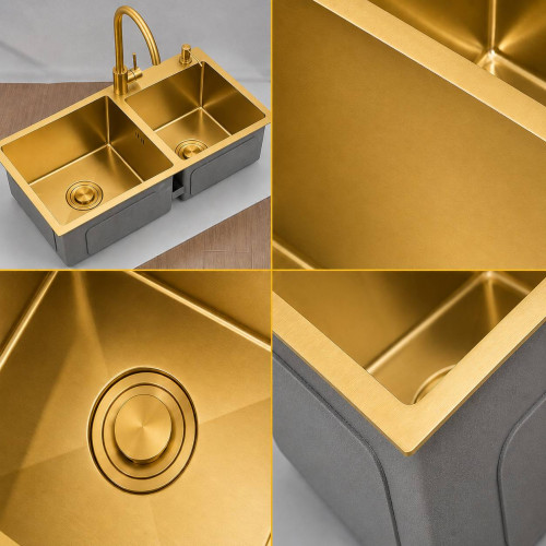 Lavaplatos doble poceta antiruido acero 304 acabado dorado oro