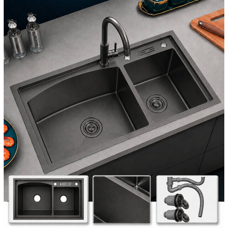 Lavaplatos Negro Nanotextura doble poceta antirruido Silent Smart