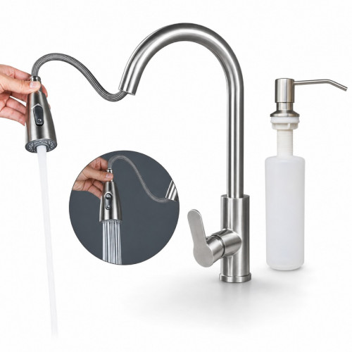 Kit Griferia Lavaplatos Extraible Acero -dispensador Jabón