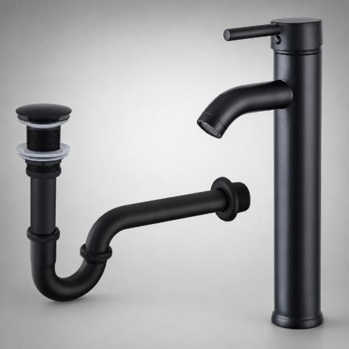 Kit Grifo Negro Mezclador Alta Metálica Y Desagüe