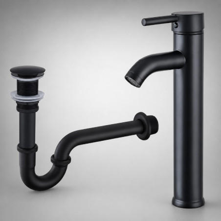 Kit Grifo Negro Mezclador Alta Metálica Y Desagüe