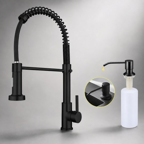 Kit Griferia Lavaplatos Espiral Negro Cabezal Móvil +Dispensador