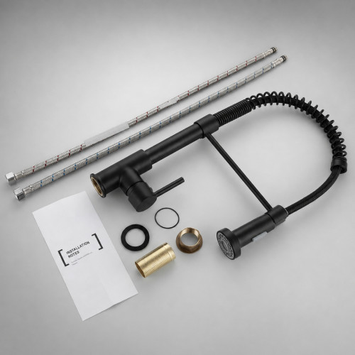 Kit Griferia Lavaplatos Espiral Negro Cabezal Móvil +Dispensador