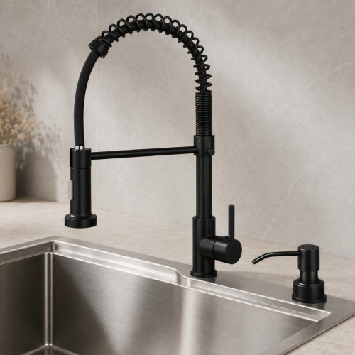 Kit Griferia Lavaplatos Espiral Negro Cabezal Móvil +Dispensador