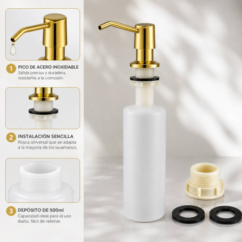 Dispensador Jabón 500 ml Pico Acero Dorado Cuerpo Abs Cocina