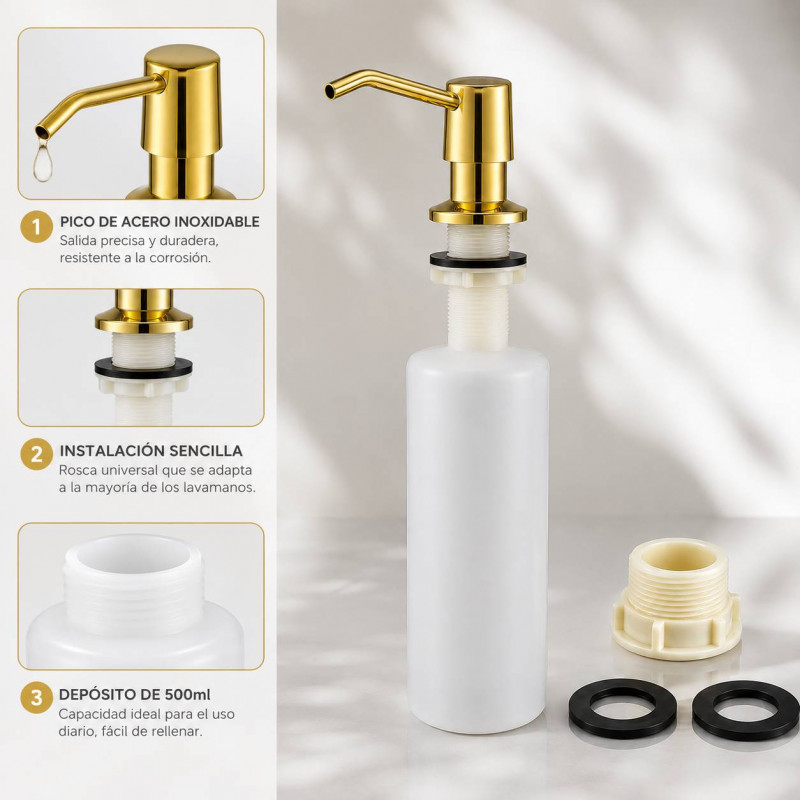 Dispensador Jabón 500 ml Pico Acero Dorado Cuerpo Abs Cocina
