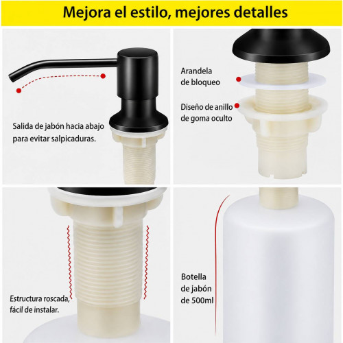 Dispensador Jabón 500 ml Pico Acero Negro Cuerpo ABS Cocina
