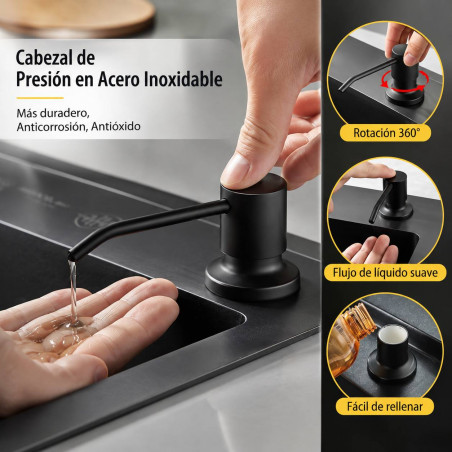 Dispensador Jabón 500 ml Pico Acero Negro Cuerpo ABS Cocina