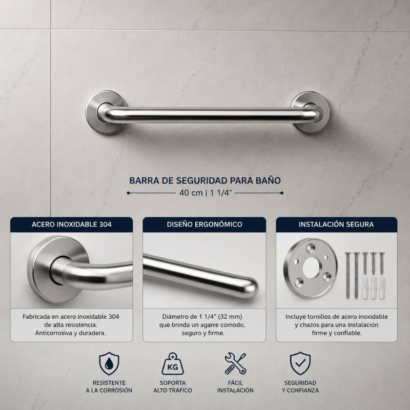 Barra De Seguridad Para Baño De 40 Cm1 1/4 Acero Inoxidable