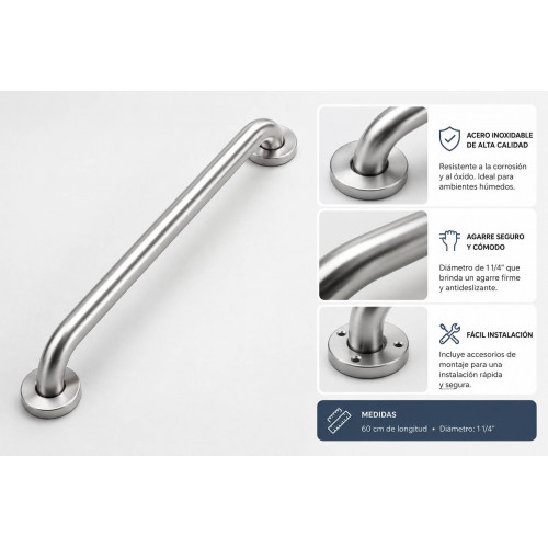 Barra de Seguridad para Baño de 60 cm 1 1/4 Acero Inoxidable