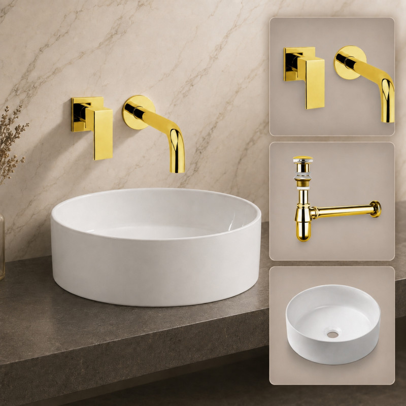 Kit Llave Agua Fria Pared Lavamanos Eccezionale Tames Dorado