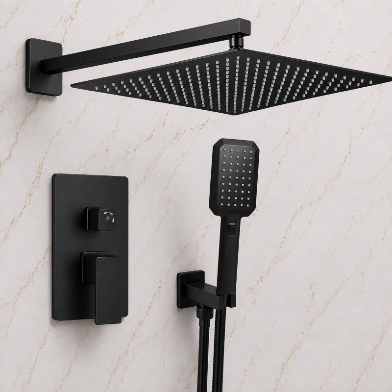 Kit Mezclador Ducha Con Desviador Negro-teleducha-ducha 30cm