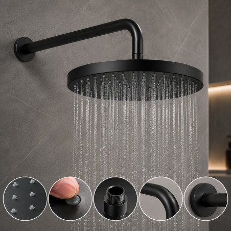 Regadera Ducha Abs Negra Redonda Con Kit Tubo