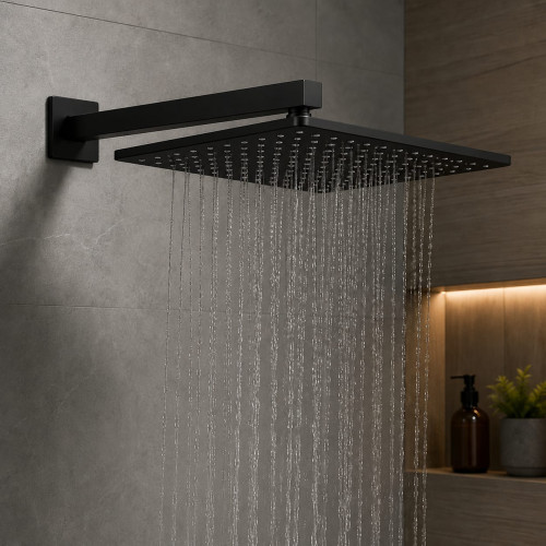 Regadera Ducha Rectangular Abs Negro Matte-tubo Cuadrado