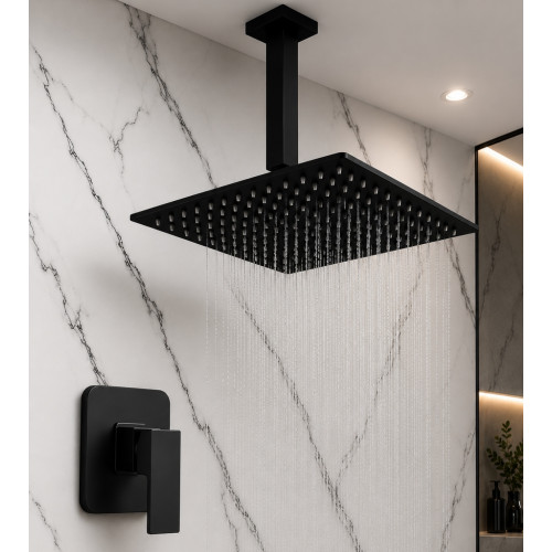 Mezclador Ducha Negro Quadratto + Ducha 20cm + Tubo Techo