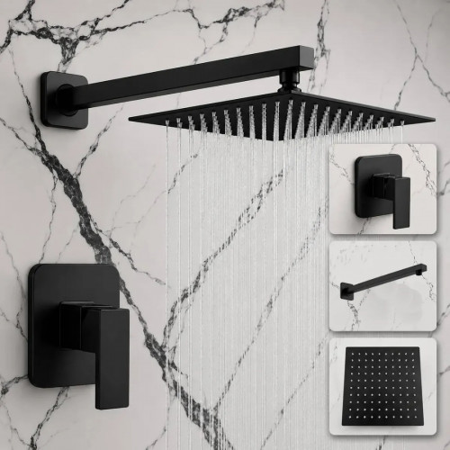 Mezclador Ducha Negro Quadratto + Ducha 20cm Y Tubo Pared
