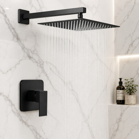 Mezclador Ducha Negro Quadratto + Ducha 40cm -tubo Pared Q