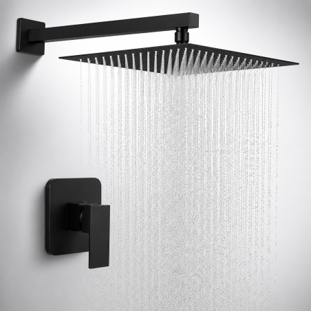 Mezclador Ducha Negro Quadratto + Ducha 40cm -tubo Pared Q