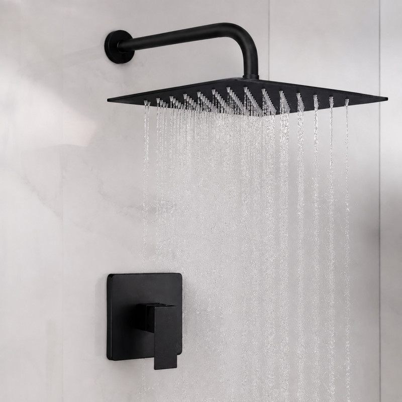 Mezclador Ducha Negro Quadratto + Ducha 30cm Y Tubo Pared