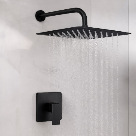 Mezclador Ducha Negro Quadratto + Ducha 30cm Y Tubo Pared