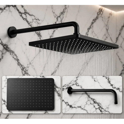 Ducha Anticalcarea Lluvia Abs Negra Rectangular Kit Con Tubo
