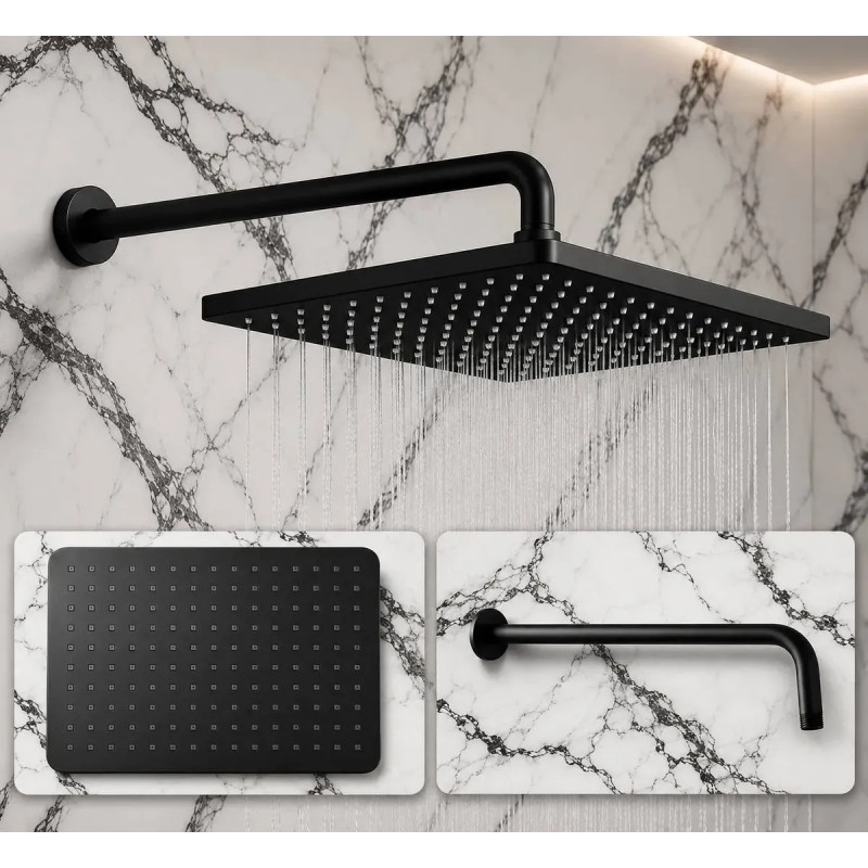 Ducha Anticalcarea Lluvia Abs Negra Rectangular Kit Con Tubo