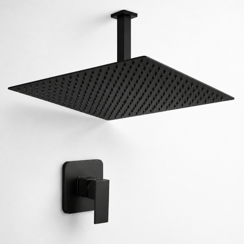 Kit Ducha Extragrande Negro Matte 40cm Techo+ Mezclador Tames Lluvia