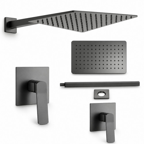 Kit Completo Ducha Grafito Gris Rectangular + Mezclador Gris Oscuro Mate