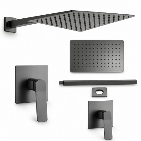 Kit Completo Ducha Grafito Gris Rectangular + Mezclador Gris Oscuro Mate