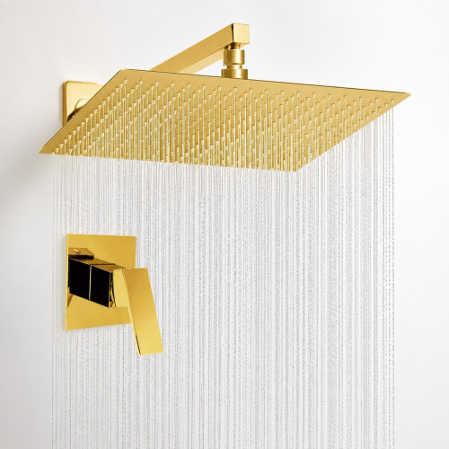 Kit Ducha Extragrande Dorado Brillante 40cm Pared+ Mezclador