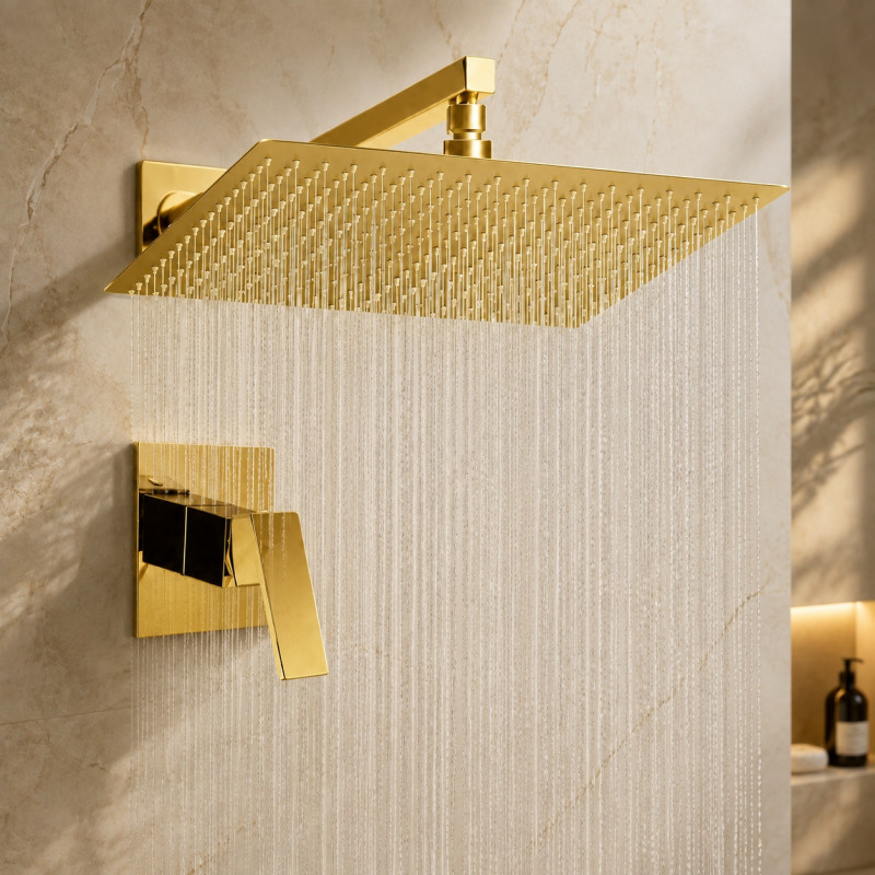 Kit Ducha Extragrande Dorado Brillante 40cm Pared+ Mezclador