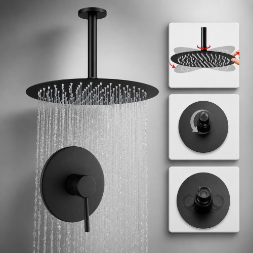 Regadera Ducha Soffitto Negro 30cm Mate A Techo Y Mezclador