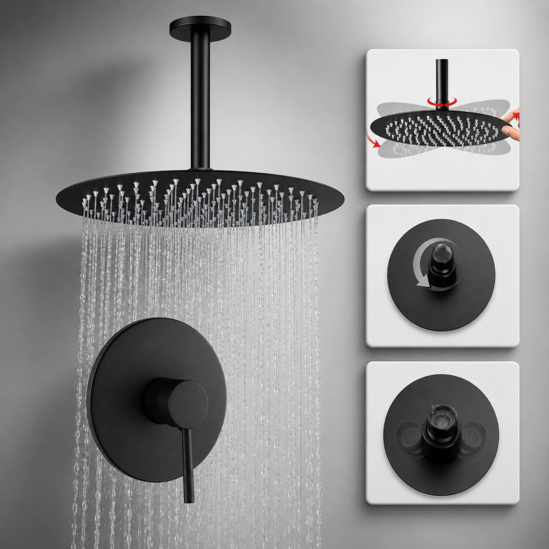 Regadera Ducha Soffitto Negro 30cm Mate A Techo Y Mezclador