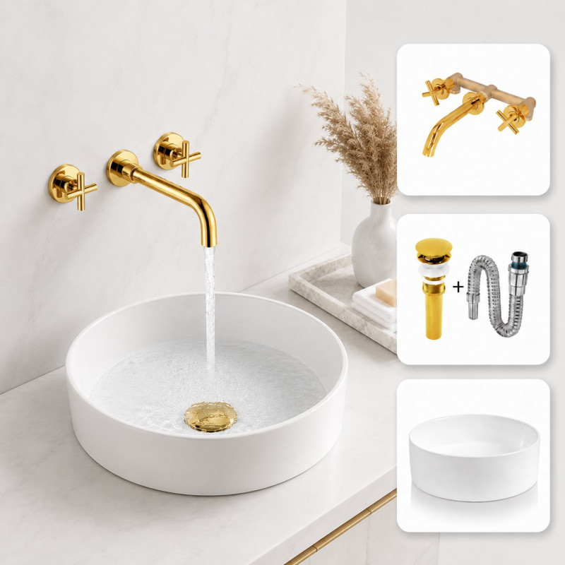 Kit Llave Mezclador Cross Dorado Pared Lavamanos Eccezionale
