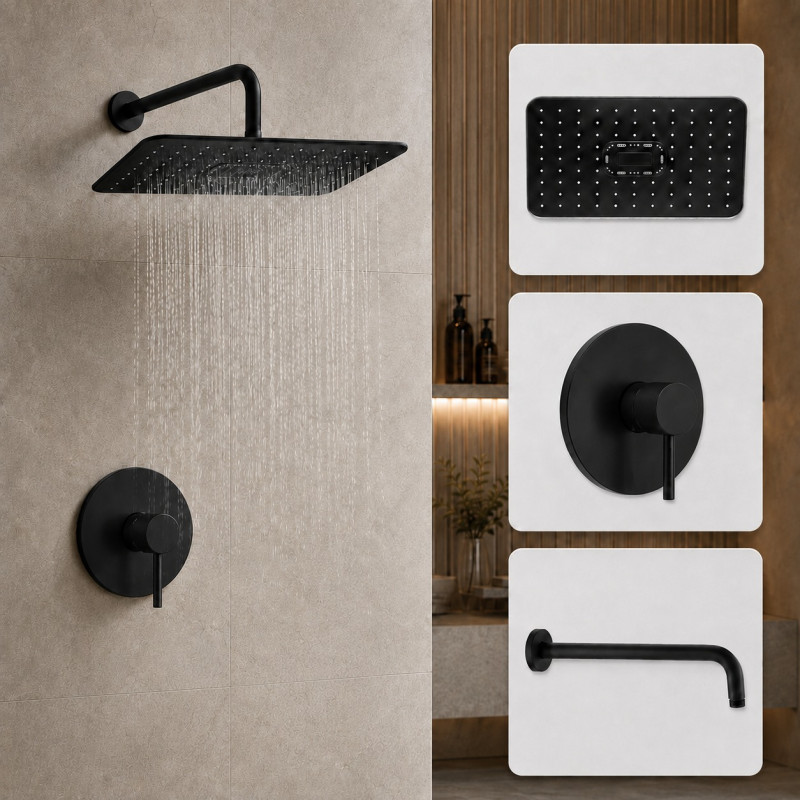 Kit Ducha Experience Negra Rectangular + Mezclador + Tubo