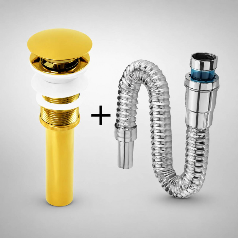 Kit Push Lavamanos Dorado Y Sifón Extensible Acordeón