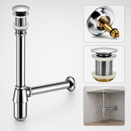 Kit Sifón- Desagüe Push Metálico Sosco Largo Lavamanos 1 1/4