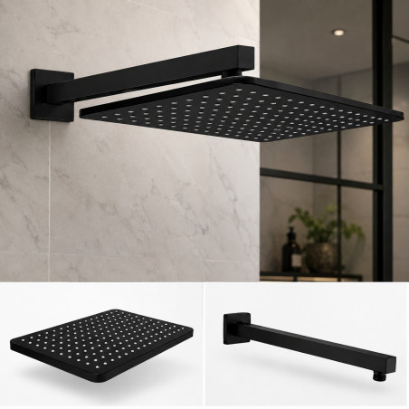 Regadera Ducha Rectangular Abs Negro Matte-tubo Cuadrado