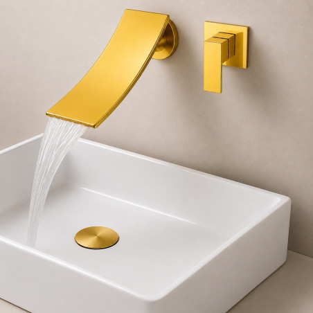 Llave Griferia Lavamanos Cascada Pared Dorada Registro Agua fria