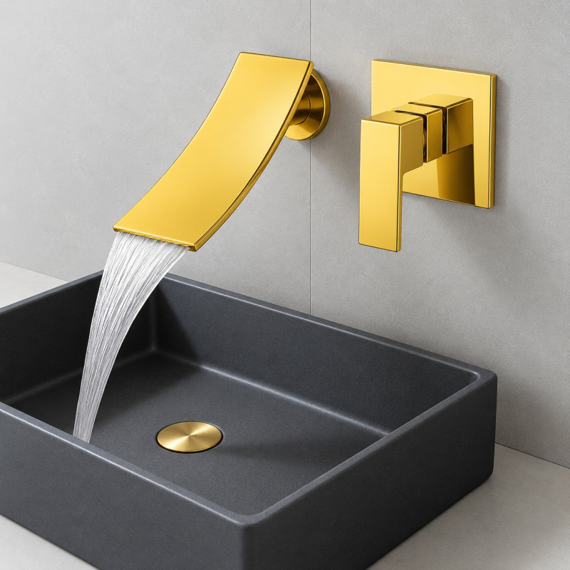 Llave Griferia Lavamanos Cascada Pared Dorada Intense Dorado Brillante