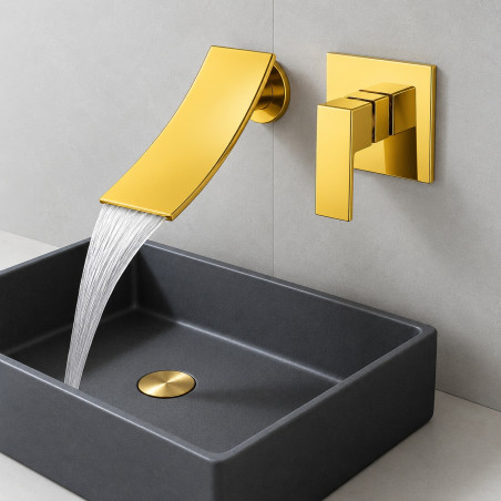 Llave Griferia Lavamanos Cascada Pared Dorada Intense Dorado Brillante