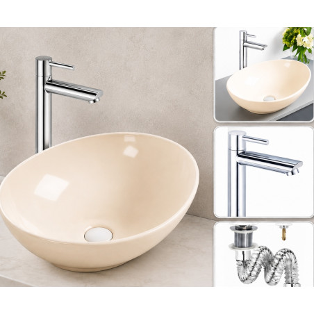 Kit Grifo Agua Fría Acero Brillo-lavamanos Canoa Beige Y Desagü