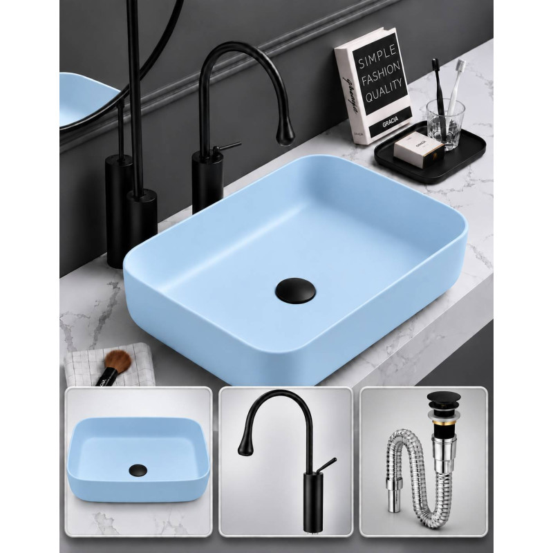 Kit Lavamanos Pool Azul Cielo Con Grifo Cigno Negro Desagüe