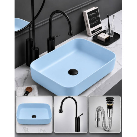 Kit Lavamanos Pool Azul Cielo Con Grifo Cigno Negro Desagüe