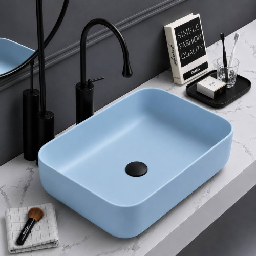 Kit Lavamanos Pool Azul Cielo Con Grifo Cigno Negro Desagüe