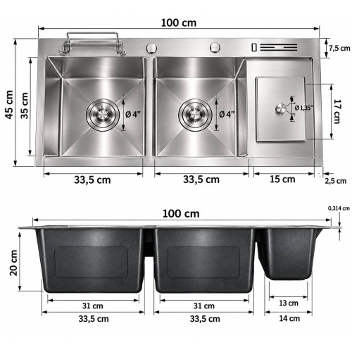 Lavaplatos grande de 100cmx 45cm doble acero 304 Antirruido