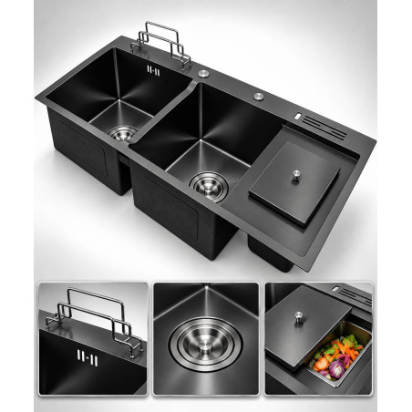 Lavaplatos Doble Poceta Negro Mate con Depósito para Residuos Orgánicos – 100 x 45 cm