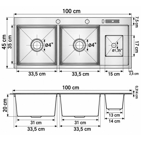 Lavaplatos Doble Poceta Negro Mate con Depósito para Residuos Orgánicos – 100 x 45 cm