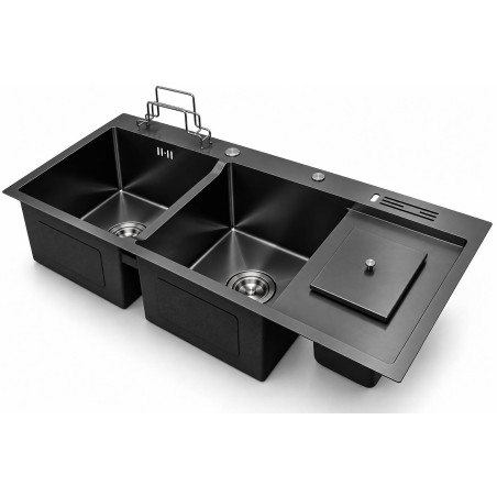 Lavaplatos Doble Poceta Negro Mate con Depósito para Residuos Orgánicos – 100 x 45 cm