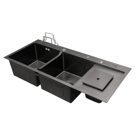 Lavaplatos Doble Poceta Negro Mate con Depósito para Residuos Orgánicos – 100 x 45 cm